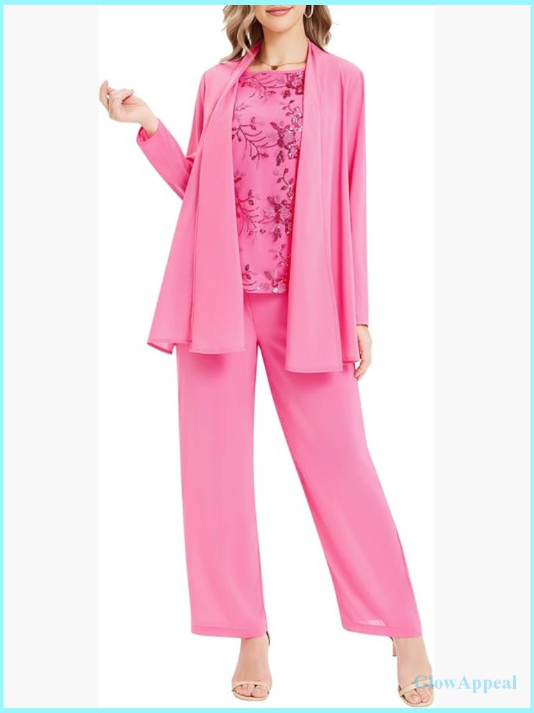3-Piece Lace Pantsuit With Sequin Tank Top, Mother Of Bride, Formal